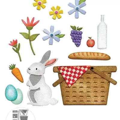 Elementos decorativos de papel com tema de piquenique com coelho, cesta, pão, frutas, flores e ovos