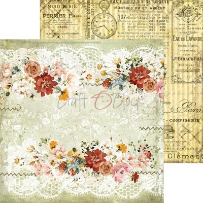 Papel decorativo com padrão floral vintage e texto antigo em francês
