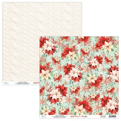 Papel decorativo com padrão tricotado bege e padrão floral vermelho, branco e azul