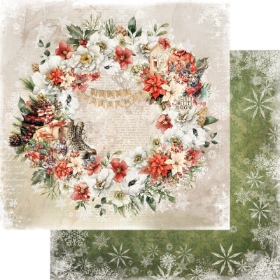 Folha decorativa dupla-face com coroa de flores natalinas e padrão de flocos de neve