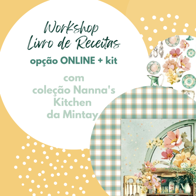 Cartaz promocional com texto sobre workshop online e kit, com motivos decorativos florais e pratos, fundo amarelo com bolinhas brancas.
