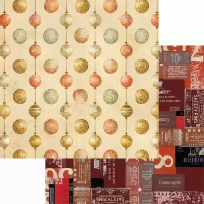 Dois padrões decorativos, um com bolas coloridas em fundo creme e outro com etiquetas vintage em tons vermelhos e castanhos.