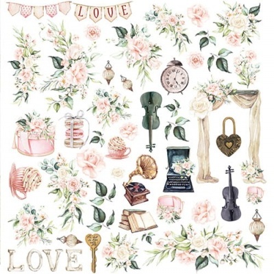 Ilustrações variadas de flores, instrumentos musicais, doces e objetos vintage