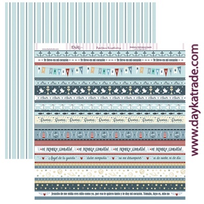 Folha decorativa listrada com padrões náuticos e textos em espanhol para scrapbook