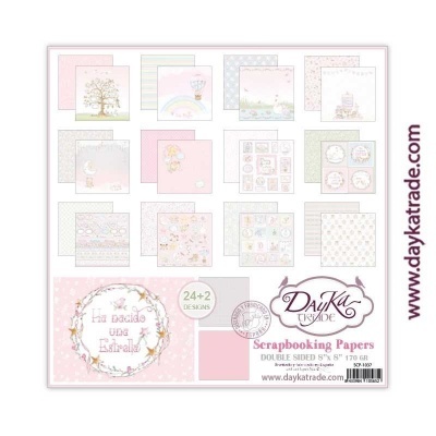 Papéis para scrapbooking com desenhos infantis e florais em tons pastel da Dayka Trade