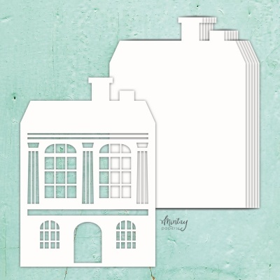 Cartões brancos em forma de casa com recortes de janelas e porta sobre fundo azul claro