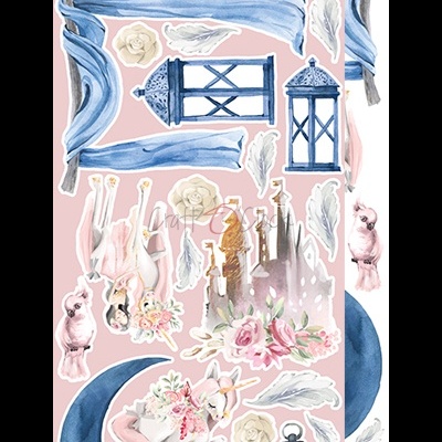 Elementos decorativos em aquarela com flores, penas, lanternas, figura de coelho e lua azul