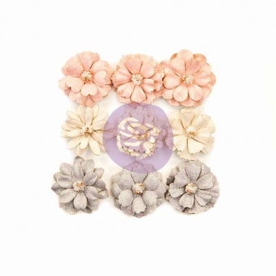 Conjunto de flores decorativas em tecido em tons rosa, bege e cinza