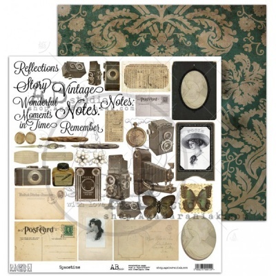 Papel decorativo vintage para scrapbook com imagens antigas e padrão damasco no verso