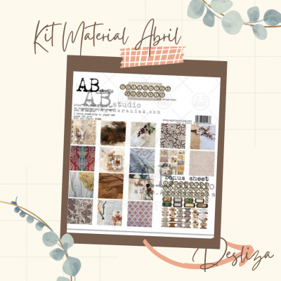Kit Material Abril com amostras de papéis variados para scrapbooking