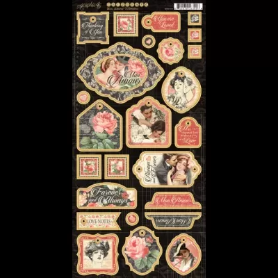 Folha de autocolantes vintage com imagens e texto romântico