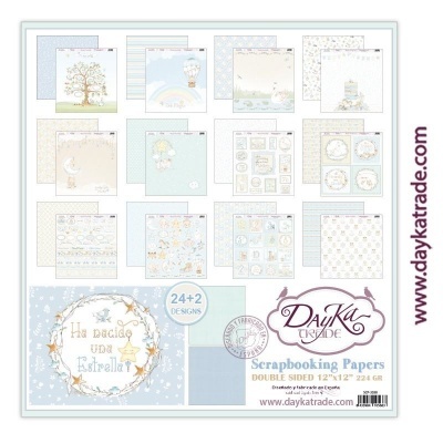 Conjunto de papéis para scrapbook com vários desenhos em tons pastéis e temas infantis.