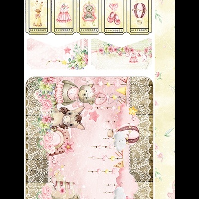 Cartão colecionável com imagens e padrão floral em tons rosa e bege.