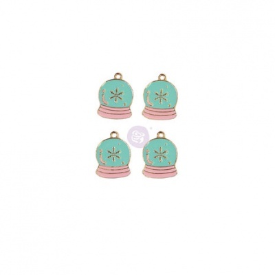 Quatro pendentes em forma de bola de neve verde e rosa com detalhes dourados.