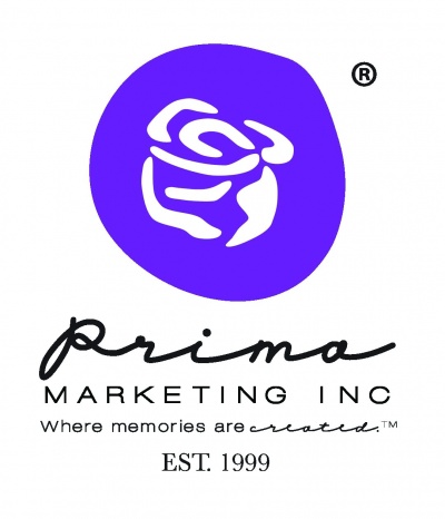 Logotipo com rosa branca em círculo roxo e texto 'prima MARKETING INC' e 'Where memories are created.™' EST. 1999