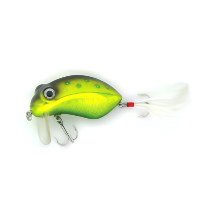 Isca artificial para pesca verde e amarelo com ganchos e cauda branca