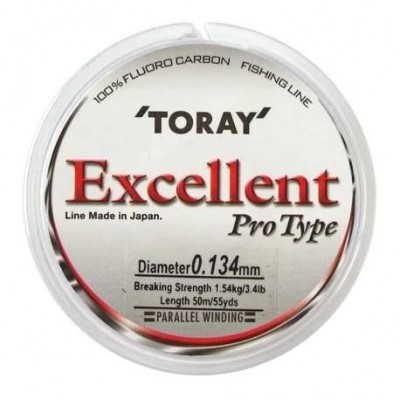 Bobina de linha de pesca TORAY Excellent Pro Type em plástico redondo com etiqueta branca e letras pretas e vermelhas.