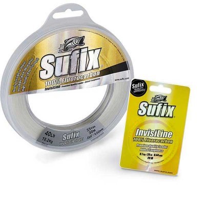 Linha de pesca Sufix Invisiline fluorocarbon em carretel e embalagem amarela