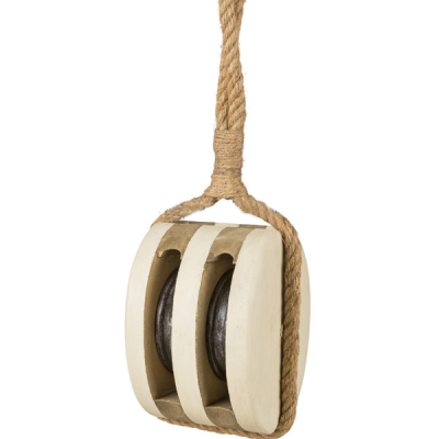 Polia dupla branca com rodas metálicas pretas envolta em corda castanha