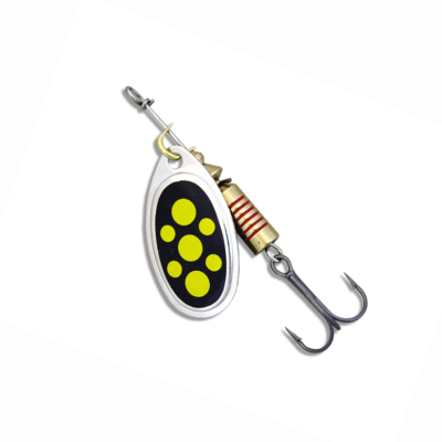 Isca de pesca metálica prateada com pontos amarelos e anzol triplo