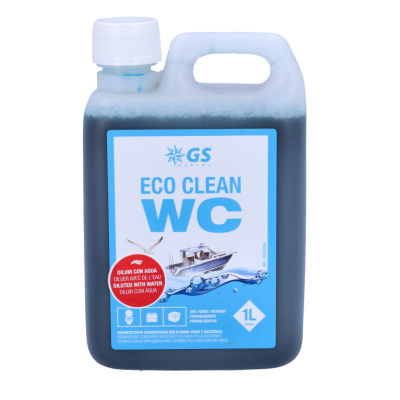 Frasco plástico azul de 1 litro de líquido ECO CLEAN WC da GS Marine com etiqueta azul e tampa branca
