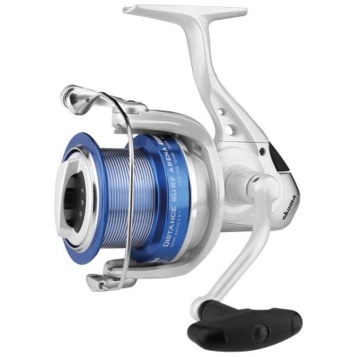 Carreto de pesca branco e azul com manivela preta