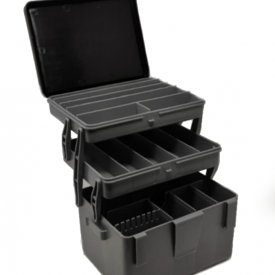 Caixa organizadora cinza escuro para ferramentas com três níveis e divisórias