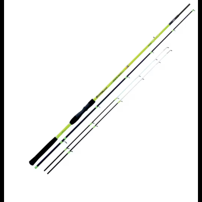 Conjunto de quatro canas de pesca com punhos pretos e cores verde, branco e preto.