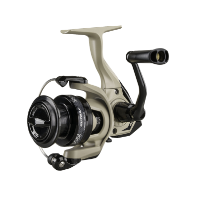 Molinete de pesca bege e preto com carretel e alça preta