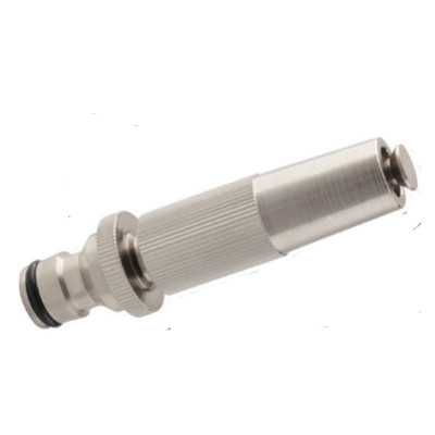 Conector metálico prateado com anéis pretos e textura estriada