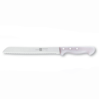 Faca de cozinha com lâmina serrilhada e cabo branco