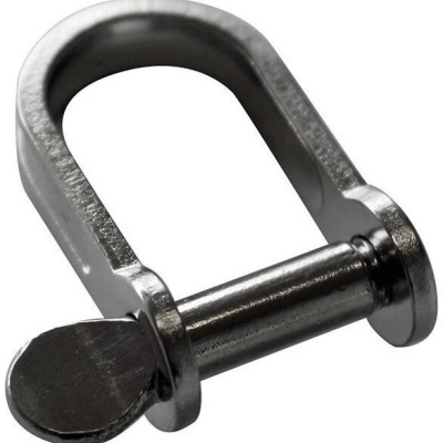 Peça metálica em forma de U com pino removível e aba circular.