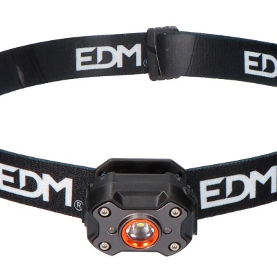 Lanterna de cabeça preta com cinta elástica preta e texto EDM branco