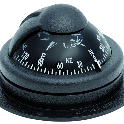 Bússola naval preta com base redonda e marcações em branco