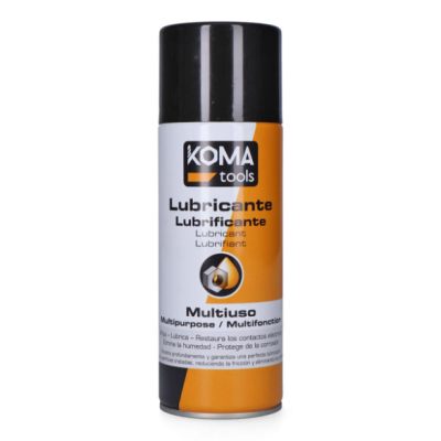 Frasco de lubrificante multiuso KOMA tools com rótulo branco e laranja