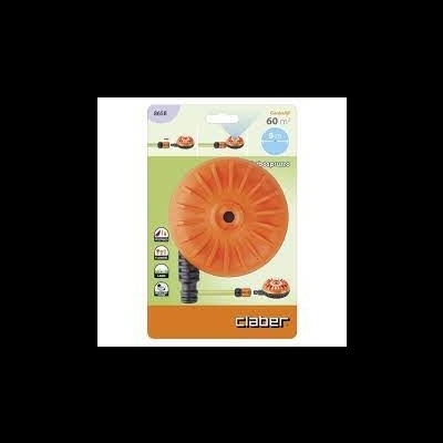 Aspersor de irrigação Claber laranja e preto em embalagem.