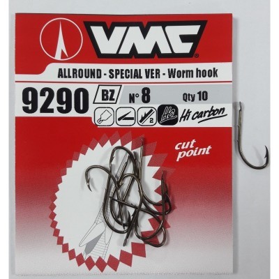 embalagem de ganchos de pesca metálicos VMC vermelha e branca com texto informativo