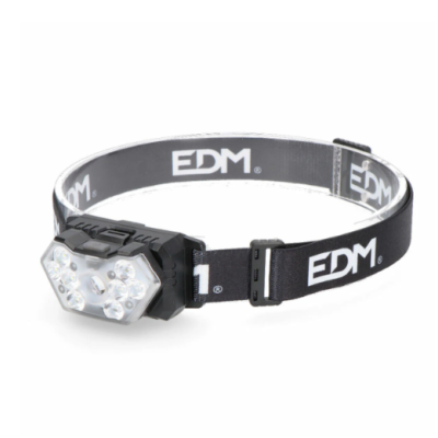 Lanterna de cabeça preta com LEDs e correia com texto EDM