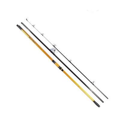 Cana de pesca desmontada em três partes com texto Beach Master no corpo amarelo.