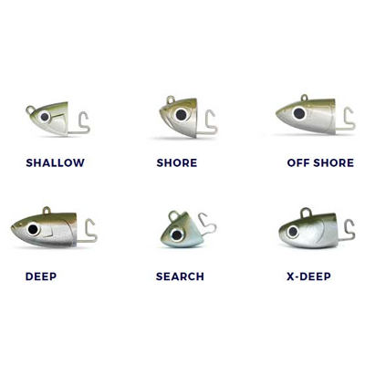 Cabeças de isca de pesca prateadas e verdes com texto descritivo sobre fundo branco.