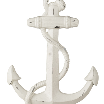 Âncora decorativa branca com corda entrelaçada e textura envelhecida