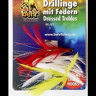 Pacote de anzóis triplos com penas vermelhas, brancas e amarelas