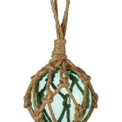 Bola decorativa de vidro azul com rede de corda bege para pendurar