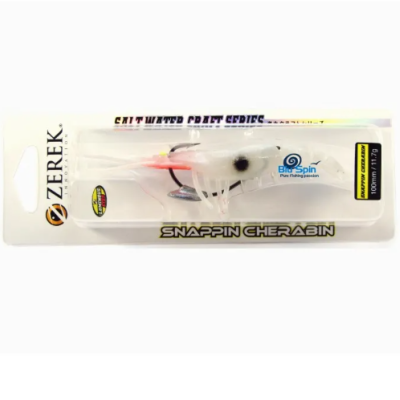 Isca de pesca branca translúcida com ponto preto e anzóis vermelhos embalada