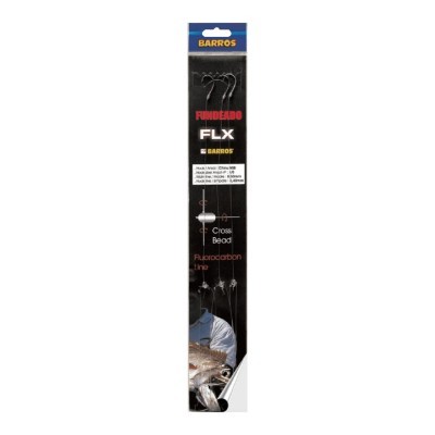 Embalagem de anzóis de pesca BARROS FUNDEADO FLX preta com texto branco e vermelho
