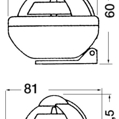 Desenho técnico em preto e branco de dispositivo redondo com dimensões e componentes móveis