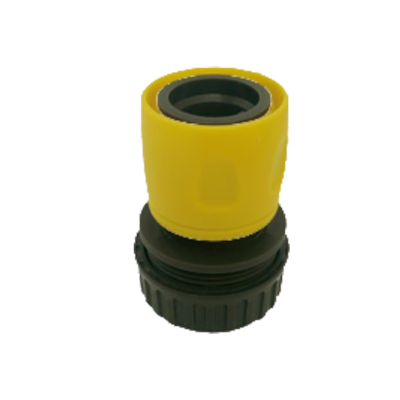 Conector plástico amarelo e preto com fundo branco