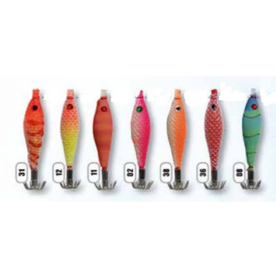 Sete iscos de pesca coloridos alinhados