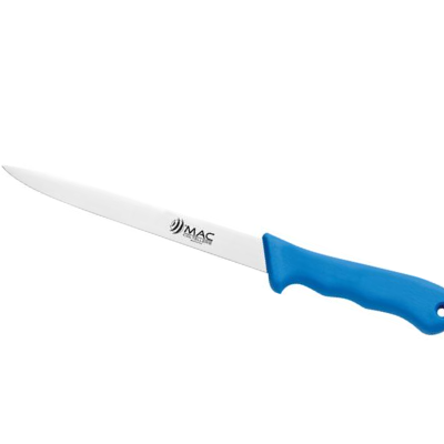 Faca de cozinha com cabo azul e lâmina prateada