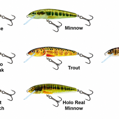 Sete amostras coloridas de iscos de pesca realistas com anzóis duplos em fundo branco